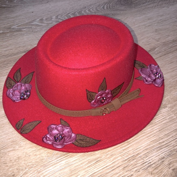 Custom painted floral designed red boater hat - Picture 1 of 3